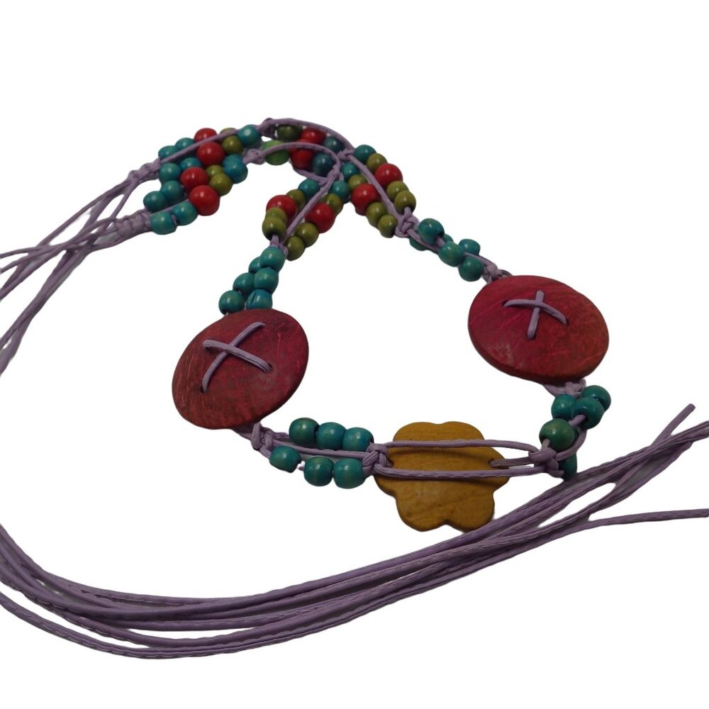 Wood bead Macramé Belt Vintage 1970 Turquoise Red Lavender